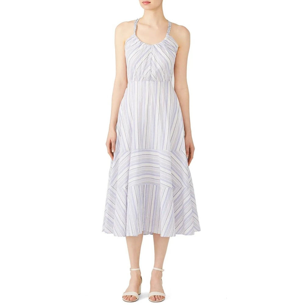 REBECCA TAYLOR Midi Dress Womens Large Blue Purple Stripe Sundress LEILA